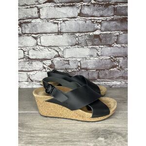 Papillio Birkenstock Samira Black Leather Cork Wedge Sandals Women Sz 38EU/7M US